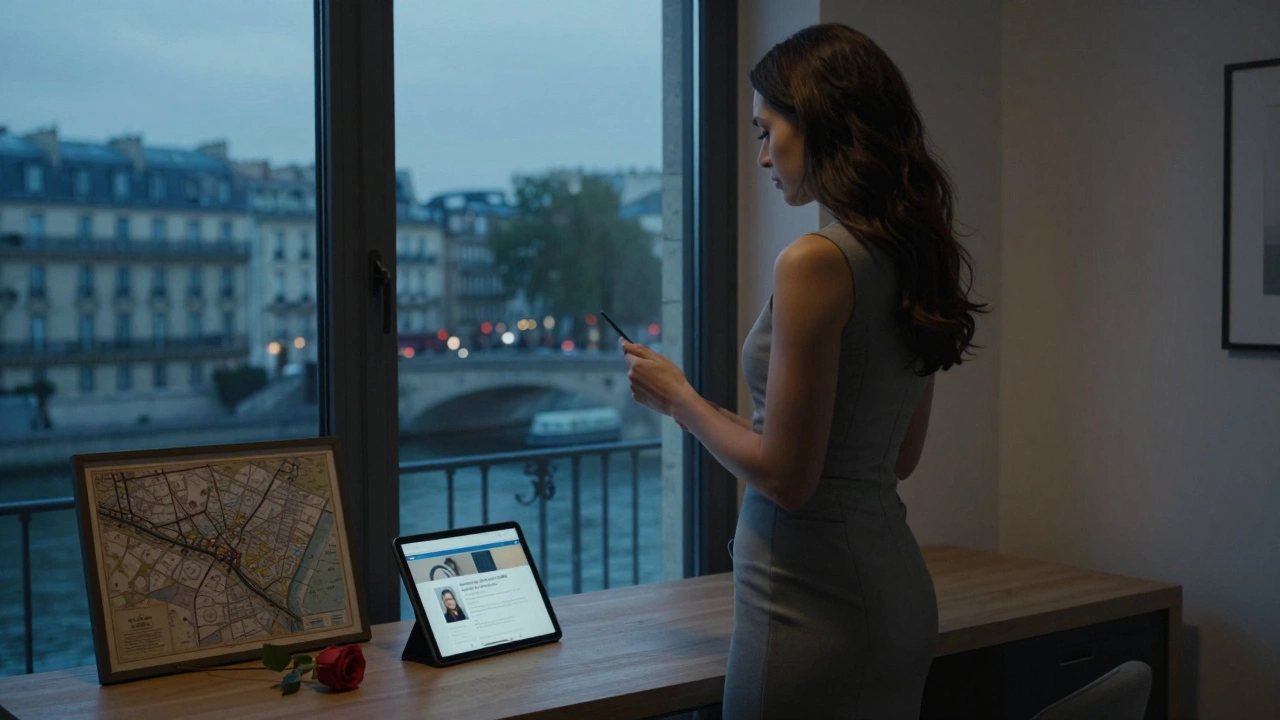 A woman viewing a verified escort platform profile on a tablet beside a rose and map.