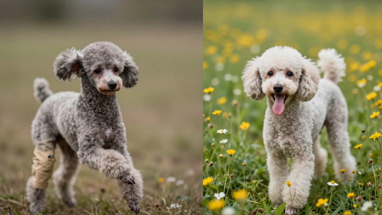 Contrast of a stressed dressed dog versus a happy bare dog rolling in flowers.