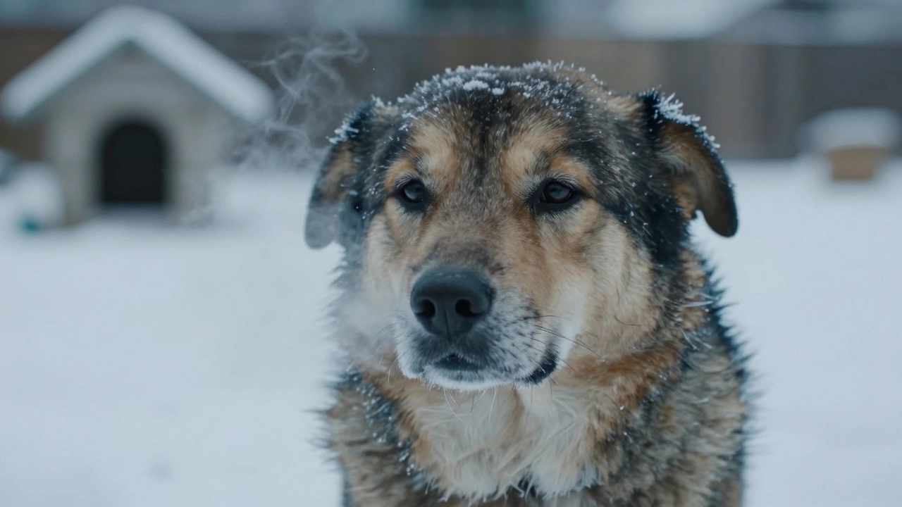 Dog shivering in winter with natural fur coated in frost, breathing visibly in cold air.