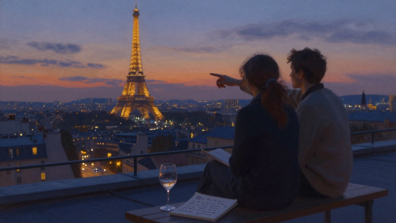 Two people on a rooftop terrace watching the Eiffel Tower light up at sunset.